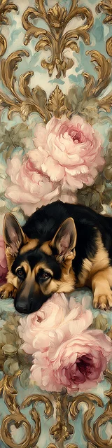 Free printable dog bookmark featuring sad german shepherd baroque gaudy